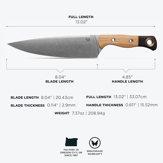 Benchmade Chef Knife Kitchen Knife, CPM-154 Steel Blade (4025-02) | Maple Valley Black Bolster Richlite / G10 handle with black bolster, Drop-Point blade