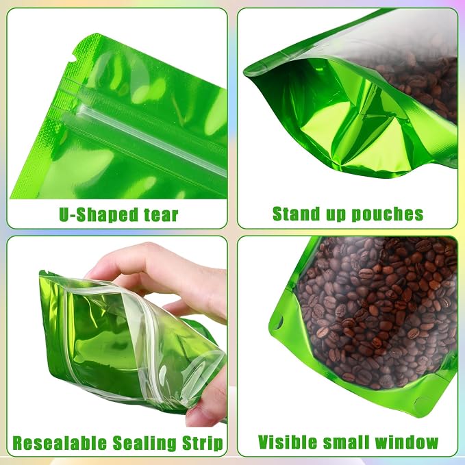 150 Pcs Mylar Bags for Food Storage, 5x8 Mylar Bag with Window Stand Up, Small Holographic Resealable Bags Smell Proof Bag Food Packaging for Small Business Freeze Dried Candy Jewelry Foil Packaging
