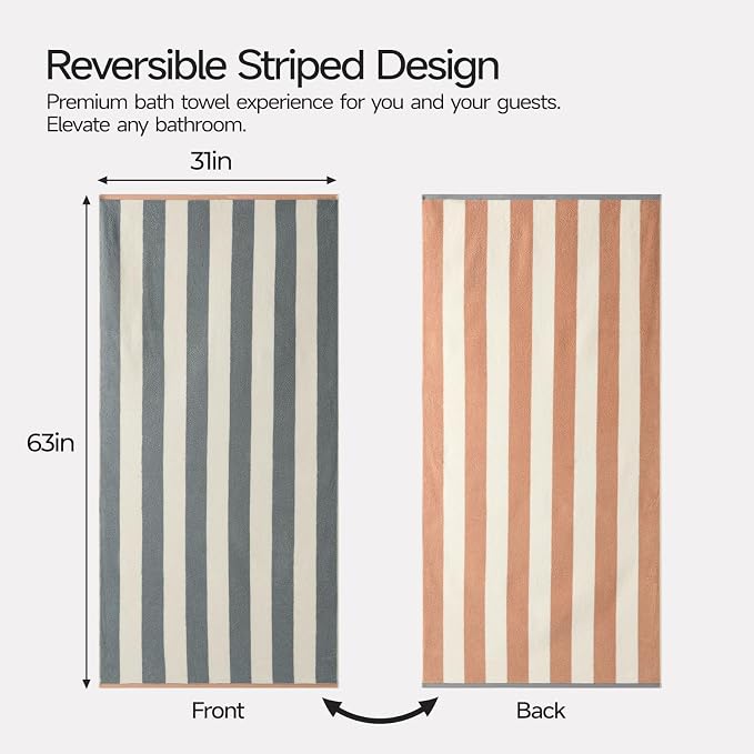 REDKISS 2 Pack Extra Large Striped Bath Towels, 31 x 63 Inches, 100% Cotton, Larger & Quicker to Dry, Super Soft and Highly Absorbent Towel, Perfect for Bathroom, Grey