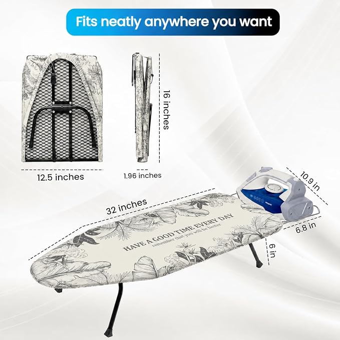 Metal Mesh Panel Tabletop Ironing Board | Foldable Iron Board | Heavy Duty Small Iron Board with Heat Resistant Cover and 100% Cotton 8mm Thicken Pad (Grey Leaves)