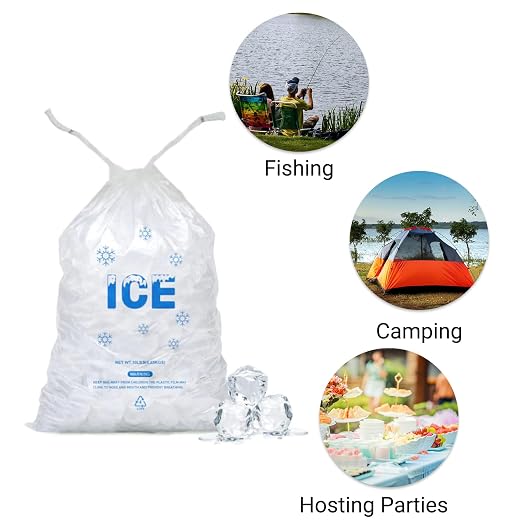 100 PACK 10 lb. Plastic Ice Bags with Cotton Draw String 12 x 21" | Heavy-Duty Plastic Ice Storage Bags with Draw String (2mil Thickness)
