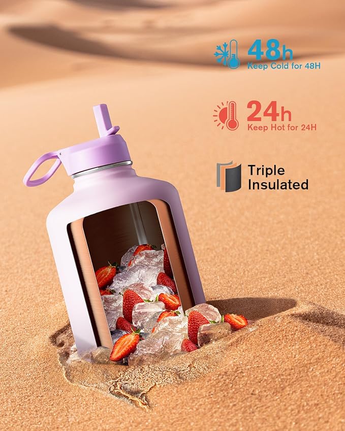 Coolflask 128 oz Gallon Water Bottle Insulated with Straw&3 Lids, Water Jug Large Stainless Steel Metal Vacuum Wide Mouth for Sports, Gym or Office, Non-BPA Keep Cold 48H Hot 24H, Pink