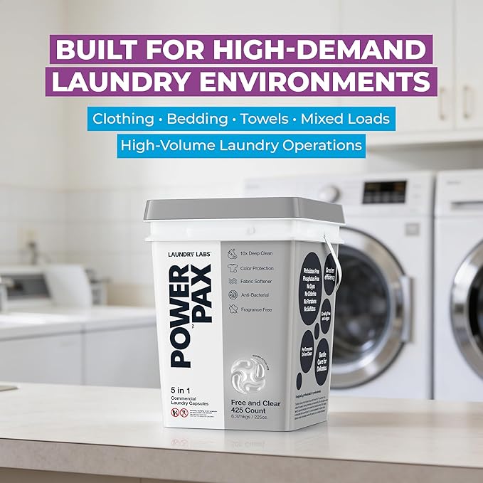 PowerPax 5-in-1 Laundry Detergent Pods - 425 Count, Washer Pods with Stain Remover, Odor Control, Fabric Softener & Color Care for Commercial Laundry - Fresh and Clean