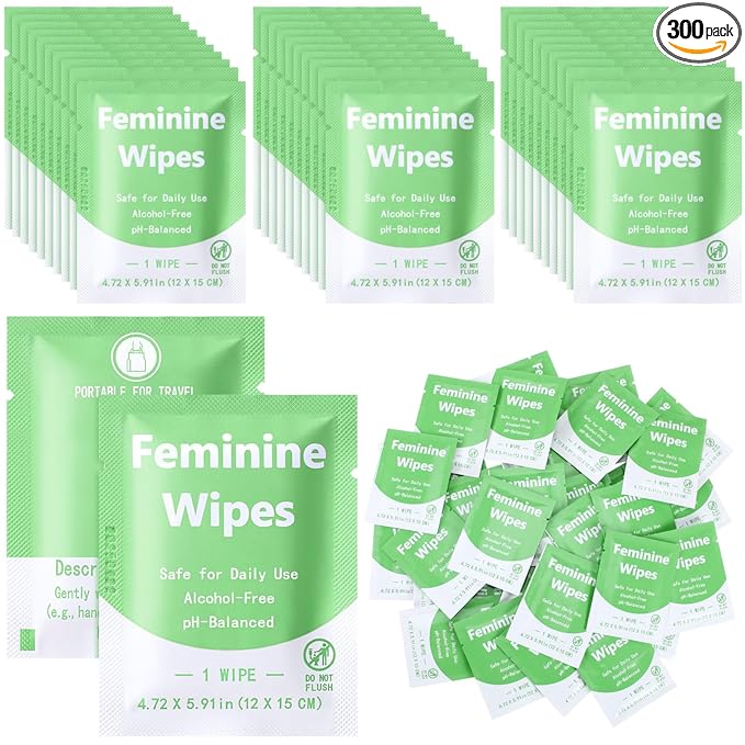 300 Pieces Bulk Feminine Wipes Individually Wrapped Travel Size Women Unscented Intimate Period Cleansing Wipes Deodorant Feminine Products Care Kits Private Parts Ph Balanced(Green)