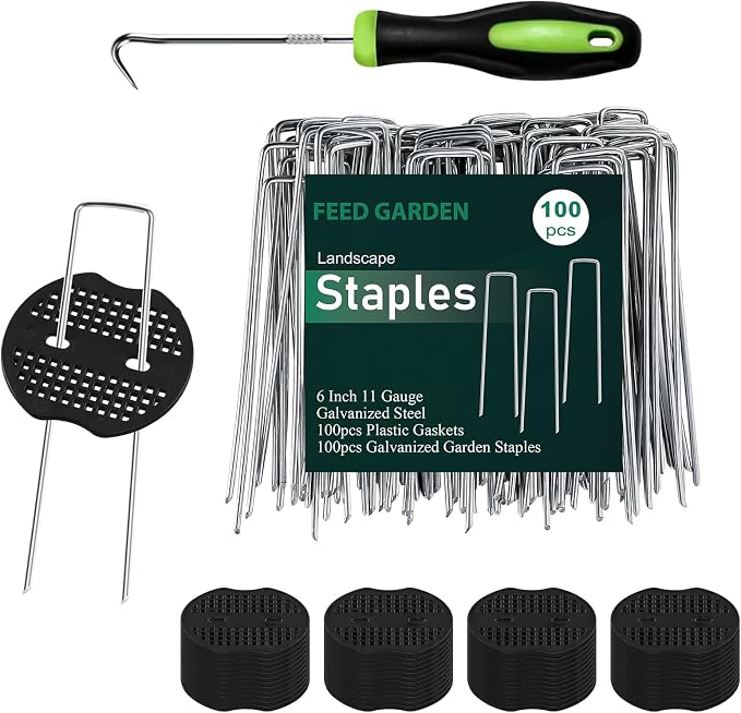 Landscape Staples 6 Inch 100 Pack Kit, Heavy Duty 11 Gauge Hot-Dip Galvanized Garden Stakes with 100 Gaskets & 1 Pick Hook for Weed Barrier, Landscape Fabric, Sod, Turf & Garden Edging