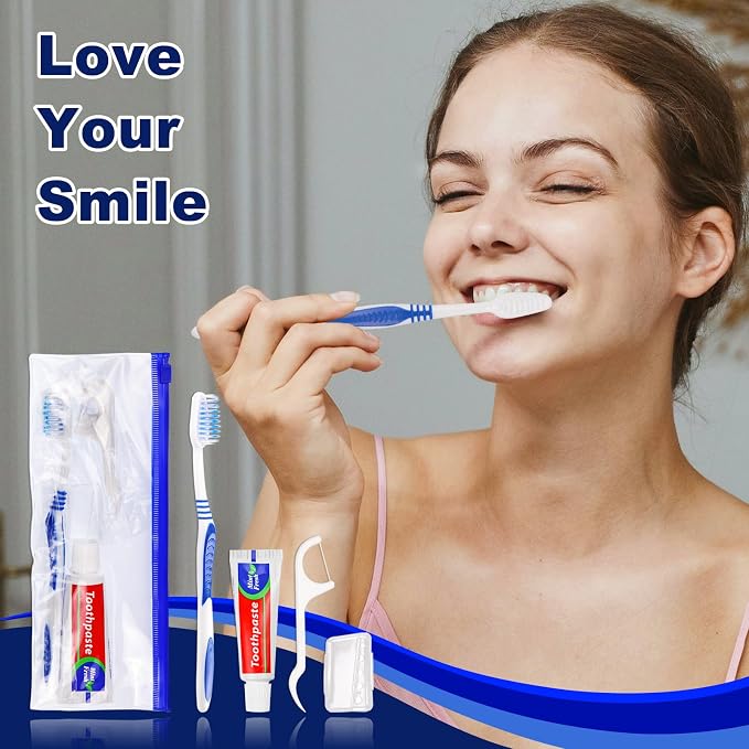 Disposable Toothbrushes with Toothpaste Individually Wrapped,Travel Kit with Plastic Zip Bag,Toothbrush Head Cover, Floss Pick,25gram Toothpaste,Bulk Toothbrush for Homeless,Travel,Hotel(100)
