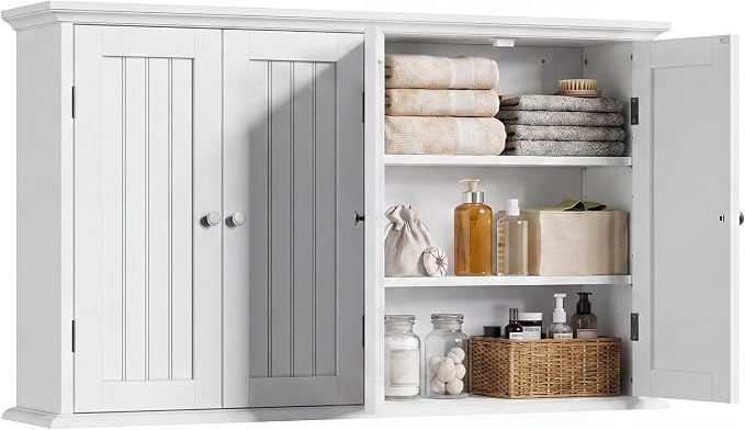 ChooChoo Bathroom Wall Cabinet with 4 Doors, Laundry Cabinet Wall Mounted, Medicine Cabinet with Adjustable Shelves, Hanging Kitchen Cupboard Organizer, White
