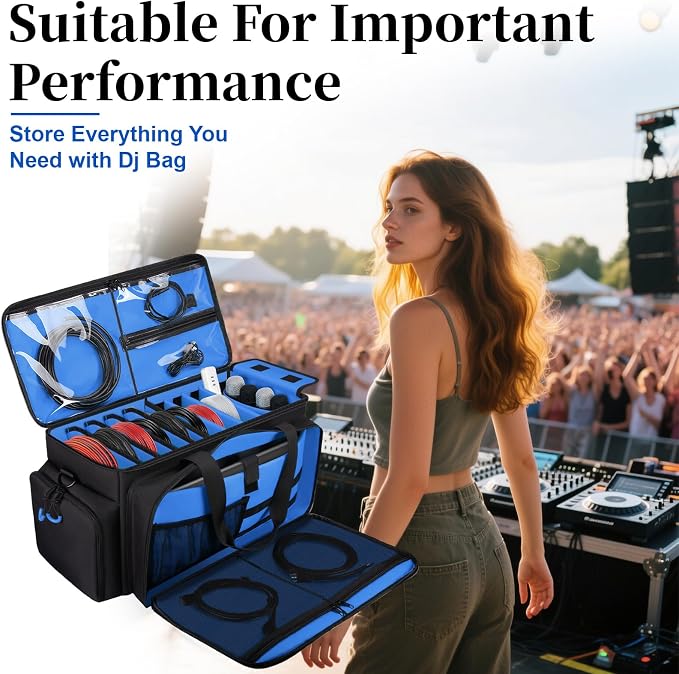 Large Dj Cable Bag with Laptop and Microphone Pocket, Dj Bag for Equipment and Music Accessories with Detachable Dividers, Bottom Pad, Dj Gig Bags for Musicians, Professional, Travel, Blue