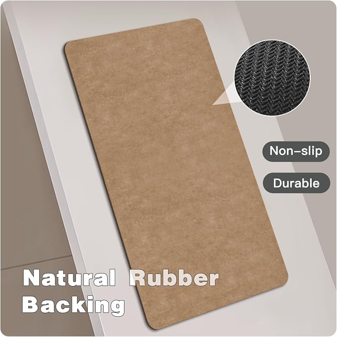 TYUU Bathroom Mat Quick Dry, Bathroom Rugs Non Slip Washable Thin Absorbent Bath Mat Fits Under Door Bathroom Floor Mat Perfect for Bath, Shower, or Sink 16"x24" Camel
