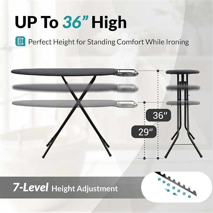 ZOES HOMEWARE 2026 Enhanced Ironing Board, Folding Iron Board with Retractable Iron Rest& Hook, 7-Level Height Adjustable Ironing Table with Thermo-Reflective Surface &10mm Thicken Pad, 43"x14"x36"