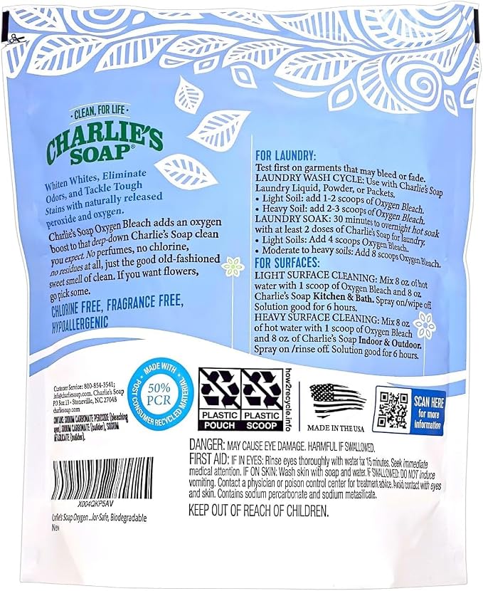 Charlie’s Soap Laundry Essentials Variety Pack – Oxygen Bleach (4 lb) + Laundry Powder Detergent (100 Loads) – Fragrance Free, Deep Cleaning, Safe for Colors & Whites