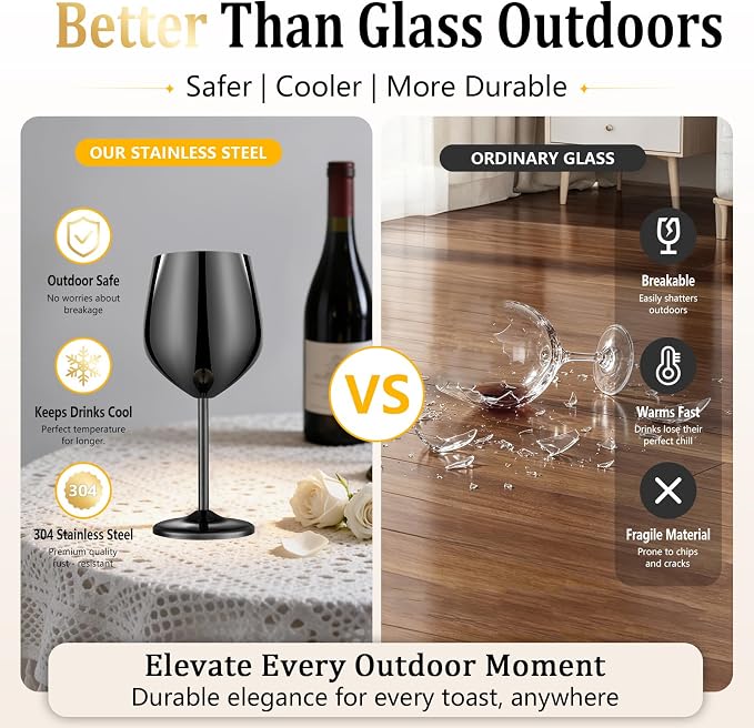 UNISWEET Unbreakable Stainless Steel Wine Glasses Set of 2, Mirror Black | 17oz Unique Fancy Metal Wine Goblets, Shatterproof, Ideal for Outdoor, Camping, Travel, Pool, Great Gift for Wine Lovers