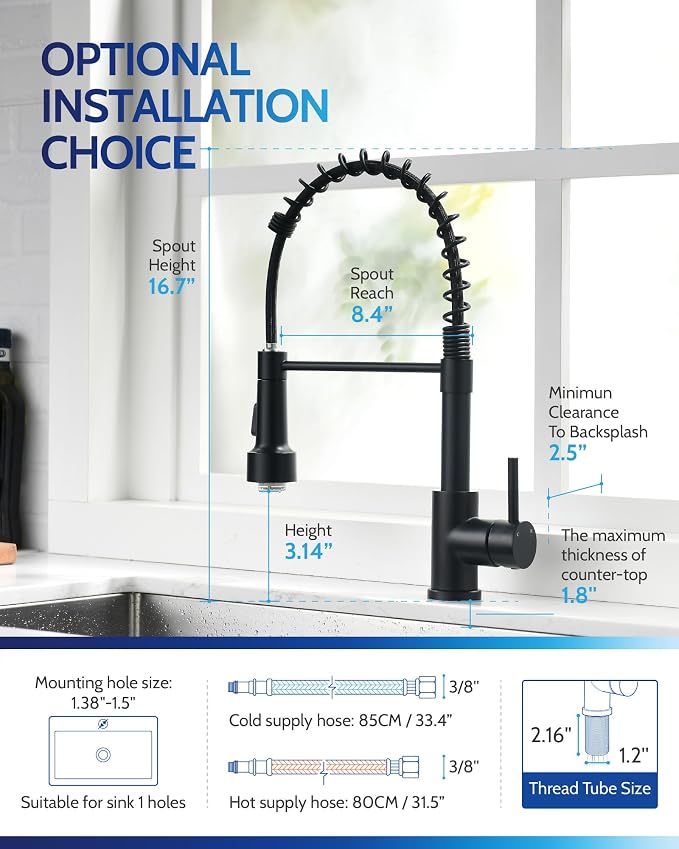 LUFEIDRA Black Kitchen Faucet with Sprayer LED Light, High Arc Spring 304 Stainless Steel Single Handle LED Faucets, Kitchen Sink Faucet for Bar Sink Rv, Matte Black, Pot Filler Faucets