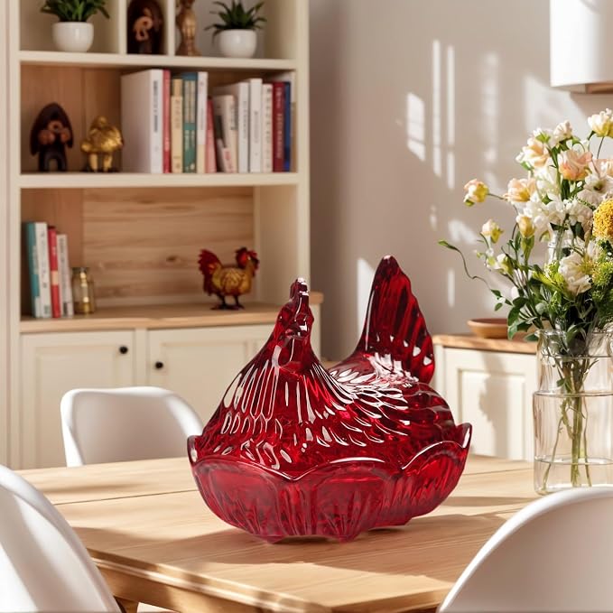 Crystal Glass Hen-Shaped Candy Server,Pastoral Style Candy Bowl with Lid,Red Tabletop Decor Dessert Plate Snack Bowl Egg Tray