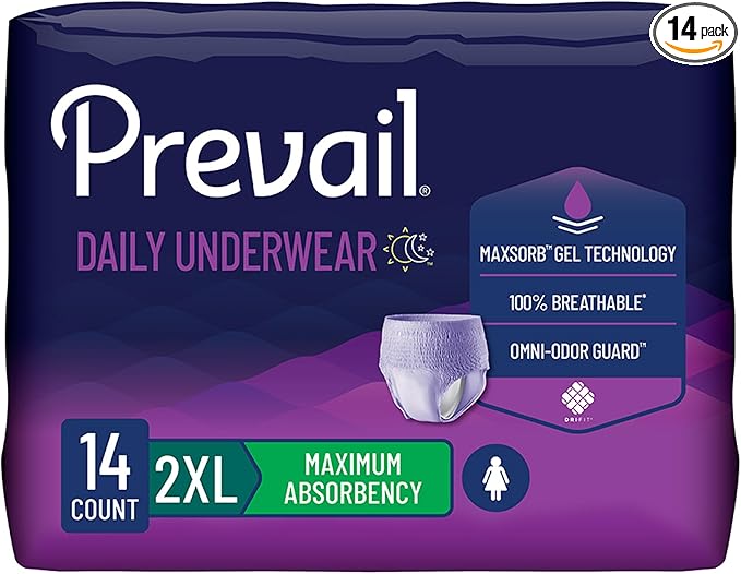 Prevail Daily Underwear Disposable Underwear Female Pull On with Tear Away Seams 2X-Large, PWC-517, Maximum, 14 Ct