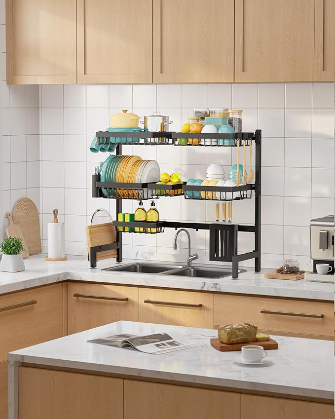 Sakugi Over The Sink Dish Drying Rack - Adjustable 3 Tier XX-Large Capacity Stainless Steel Drainer with Cutlery & Utensil Holders, Kitchen Storage & Organization, 31.5"-39.5"L x 12"W x 30.5"H, Black