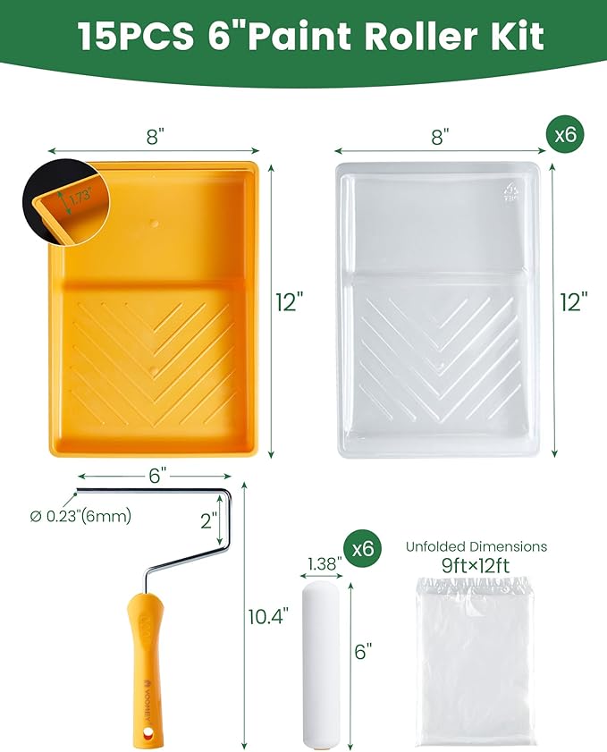 voomey 15 Pcs 6 Inch Paint Roller Kit with Small Paint Roller, Paint Tray with Liners, Foam Paint Roller for Painting Door, Walls, Cabinet