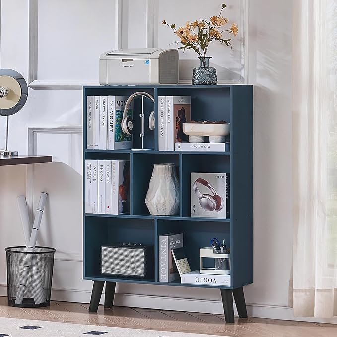 LEYAOYAO Cube Bookshelf, Mid-Century Modern Book Shelf with Legs, Dark Blue | 3 Tier Bookcase, Rustic Wood Bookshelves Freestanding Small Storage Organizer, Open Shelves for Bedroom, Living Room, Office