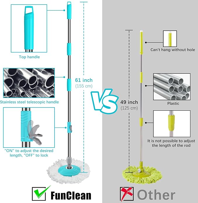 FunClean Spin Mop and Bucket for Home Cleaning, 360° Rotating Floor Mop with Wringer, Adjustable 61" Handle for Back Pain Relief, 6 Microfiber Replacement Heads, 2 Easy-Move Wheels - Blue