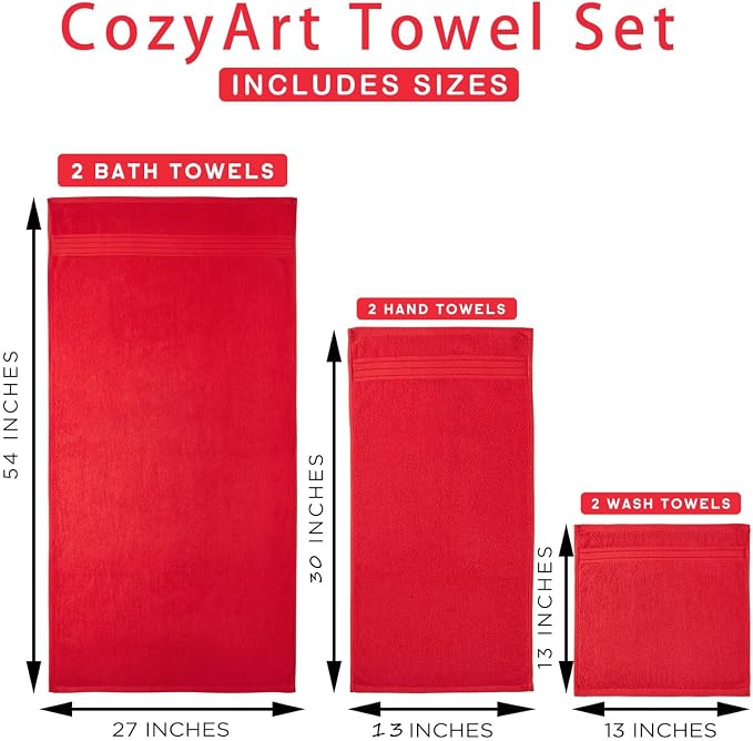 COZYART Luxury Bath Towel Set 3 PCS, Red 100% Turkish Cotton 650 GSM | OEKO-Tex 100 Certified Zero Twist Ring Spun, Soft Absorbent Quick Dry, Plush Fluffy, Breathable Hotel Quality for Daily Use