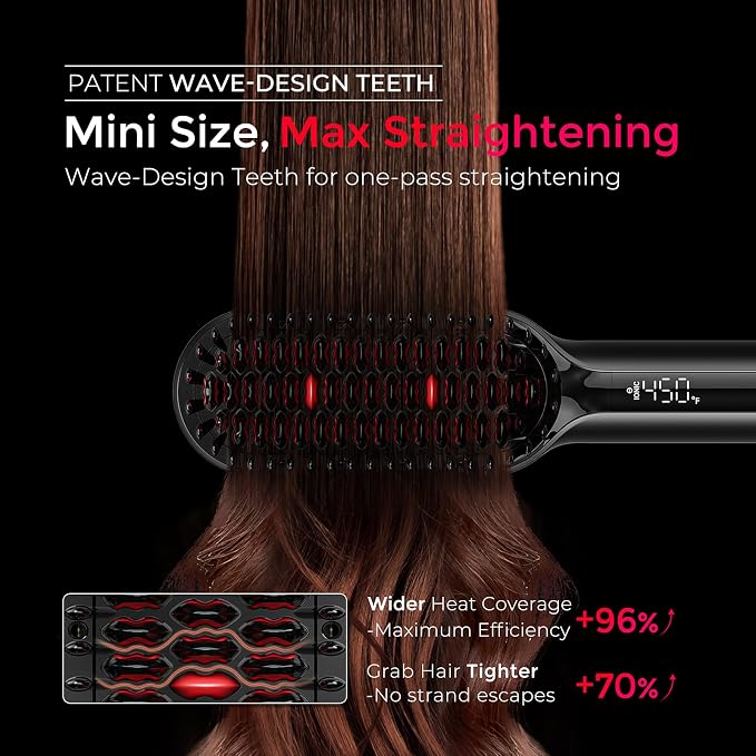 TYMO Hair Straightener Brush - Upgraded Ionic Compact Straightening Brush for Women with Wave-Design Bristles, Fast, Smooth Styling, Lightweight Hot Comb & Travel Flat Iron, 1 Billion Ions, Black