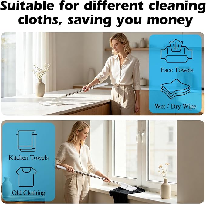 Masthome Snap Grip Mini Mop with Built-in Squeegee, Zero Touch Cloth Changing Dust Mop, 360° Swivel Head Small Mop for Walls, Bathroom Corners, Windows, Includes 1 Reusable Cloth