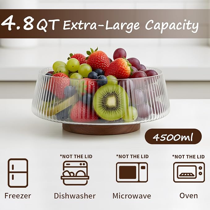 Extra Large Glass Salad Bowl Set, 4.8Qt Mixing Bowl with Acacia Wood Lid, Base and Salad Serving Utensils, Ribbed Serving Bowl Trifle Bowl, Practical Salad Bowls for Kitchen,Parties,Christmas