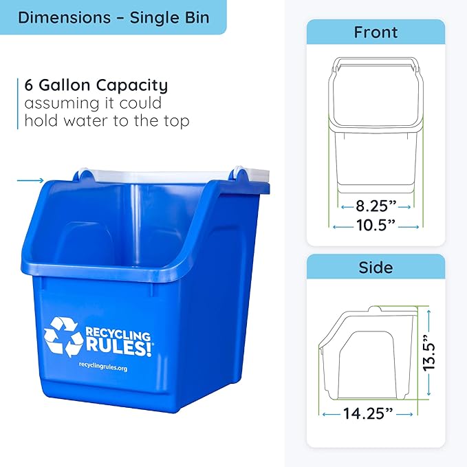 6 Gallon Stackable Recycling Bin Container in Blue, Eco-Friendly BPA-Free Handy Recycler with Handle, 6-Pack