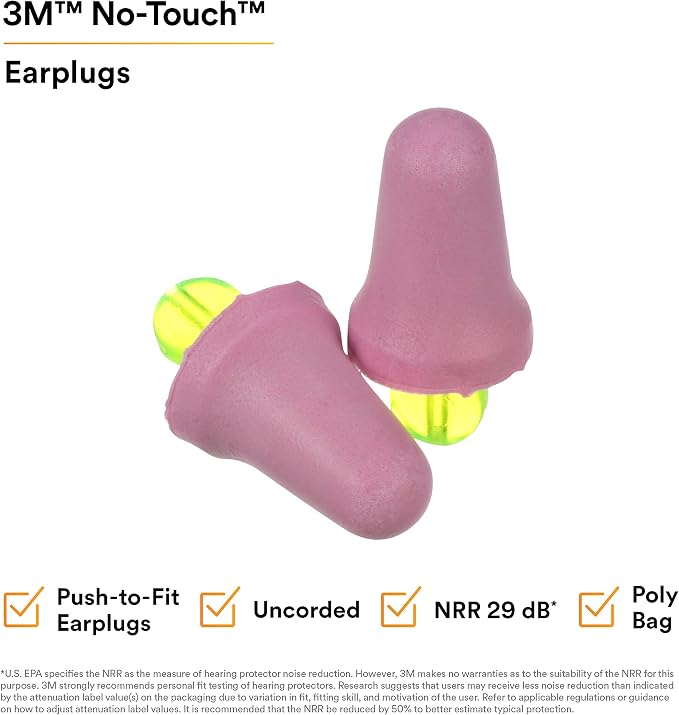 3M No-Touch Foam Earplugs P2000, Uncorded, NRR 29dB, Pack of 100 Pairs, Bell Shaped | NRR 29dB, Bell Shaped