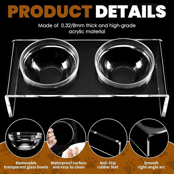Feoyoho Elevated Acrylic Pet Bowl Stand – Raised Cat & Dog Bowls with 2 Glass & 2 Stainless Steel Bowls, Modern Clear Design, Non-Slip, Easy to Clean, Perfect for Small Pets, 3.75" Tall