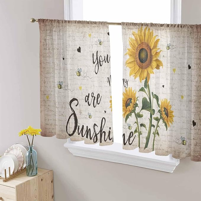 Sunflower Voile Sheer Curtain 54 Inch,Rod Pocket Rustic Yellow Floral Sheer Window Curtain Panels,Vintage Retro Beige Newspaper Letter Short Semi-Sheer Tulle Drape Chiffon Fabric for Living Room