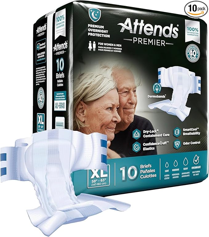 Attends Premier Adult Disposable SmartCool® Briefs, X-Large, 58-63" High-Rise Waist Tab Closure, Premium Overnight Dry-Lock Protection, Odor Control, 10ct Bag