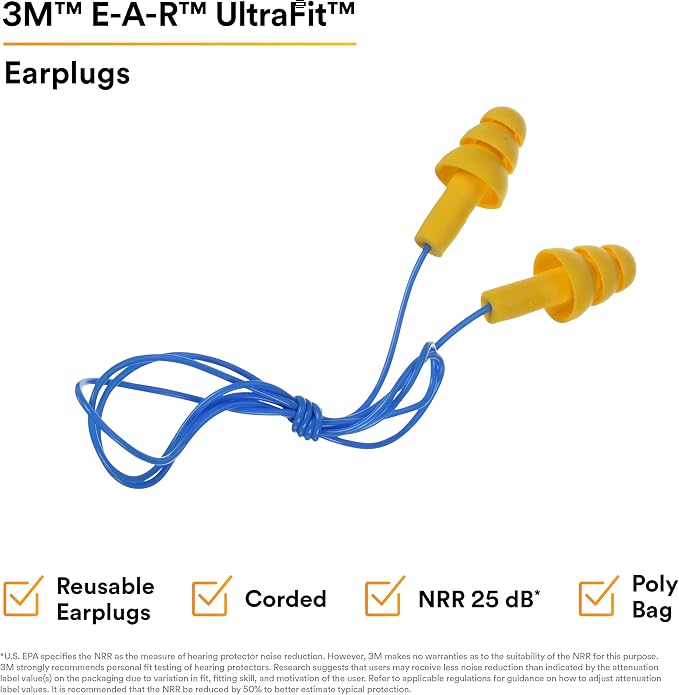 3M E-A-R UltraFit Corded Ear Plugs 340-4004, 100-Pair, Yellow, Poly Bag 3404004