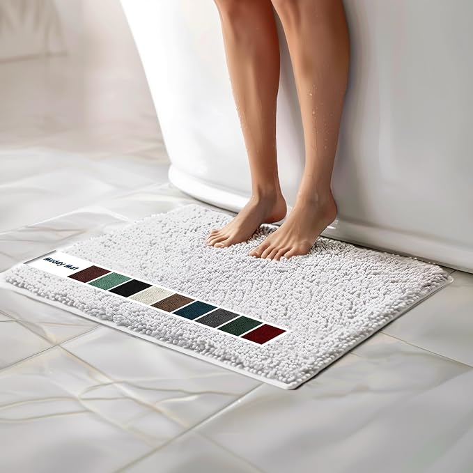 Muddy Mat® | Chenille Bathroom Rugs Quick Dry Microfiber Mats Non Slip Washable, Extra Thick, Soft and Highly Absorbent Bath Mats for Bathroom, Kitchen, and Shower Floor - White 19"x30"
