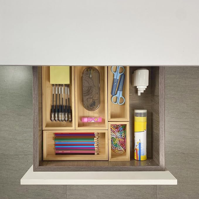 bamboo drawer organizer Set,expandable drawer dividers,wooden storage organizers,drawer organizers for kitchen, bathroom,flatware,Tea Bag Organizer (1 X 5PCS Natural)