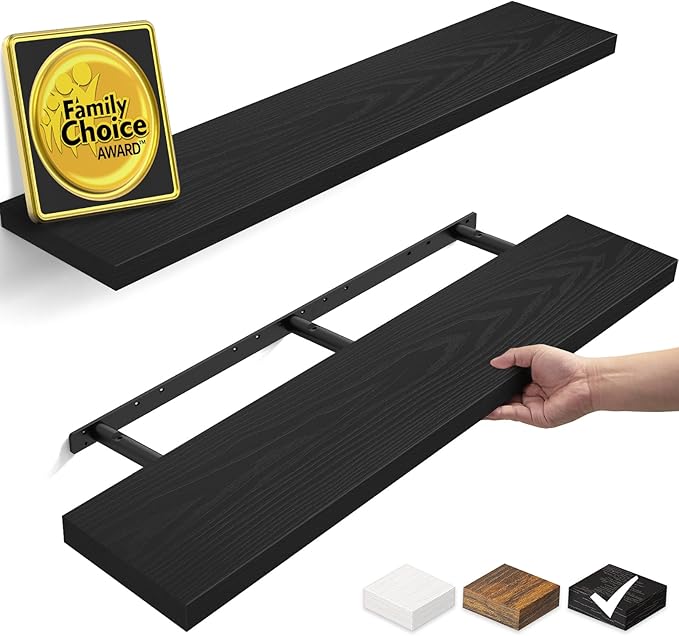 BAYKA Floating Shelves, 47.2 inches Long Heavy Duty Wall Mounted Rustic Wood Shelves for Bathroom, Bedroom, Living Room, Kitchen, Office, Hanging Shelf for Books/Storage/Decor(Black,Set of 2)