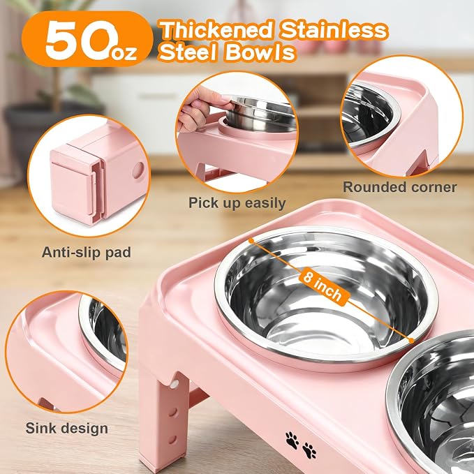 COMESOON Elevated Dog Bowls, 4 Height Adjustable Raised Bowl Stand with 2 Thick 50oz Stainless Steel Food Bowls Non-Slip Feeder Adjusts to 3.7'', 9.2'', 10.75'', 12.36'' Pink