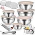7QT 30PCS Mixing Bowls with Lids Set, 7QT to 1QT Stainless Steel Nesting Bowls with Graters, Non-Slip Silicone Bottom, Large Khaki Bowls & 21 Measuring Cups and Spoons Set Kitchen Appliances