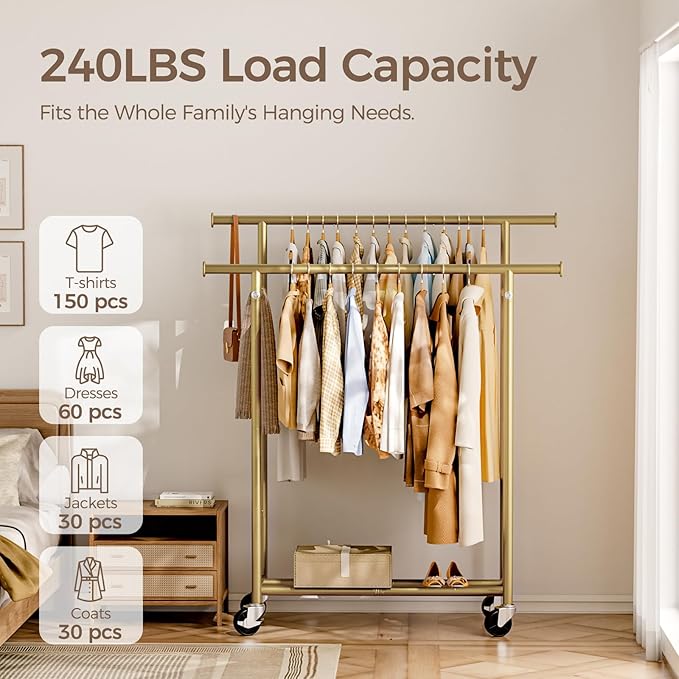 HYSEYY Clothes Rack, Double Rods Rolling Clothing Rack for Hanging Clothes, Portable Garment Rack with Wheels, Coat Rack Wardrobe Closet Load 240 LBS for Bedroom Laundry Room (Glod, L)