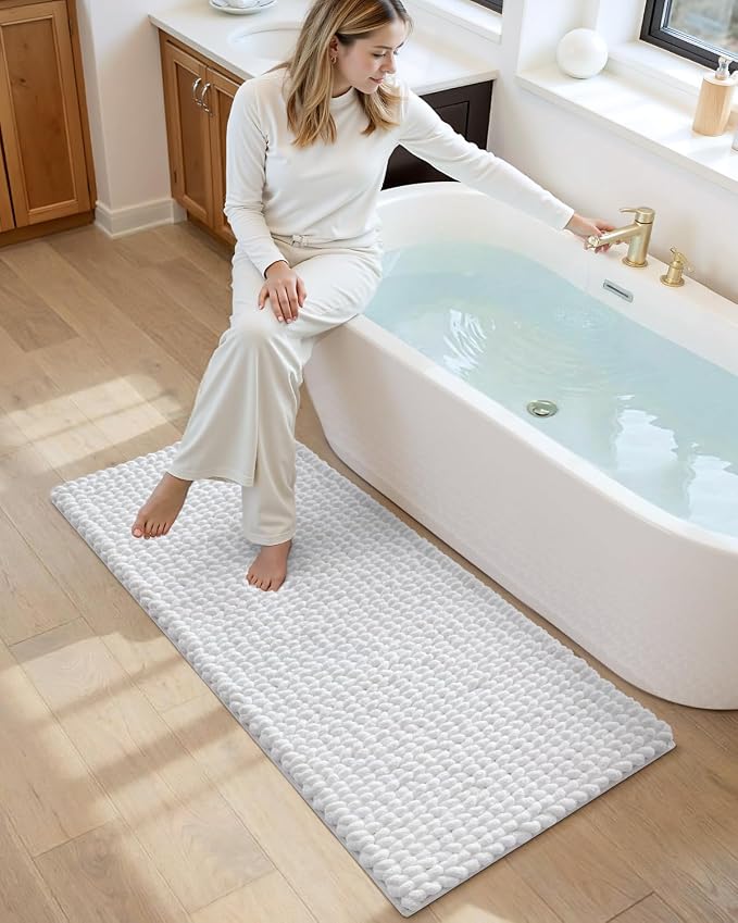 DEXI Bathroom Runner Rugs 60x24, Non Slip Washable Long Bath Mat, Luxury Chenille Super Absorbent Ultra Thick Bathmats for Shower Floor, Plush Fluffy Shaggy Carpet for Tub, White