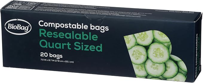 BioBag 100% Certified Compostable Resealable Food Storage Bags, 20 Count, Quart, Perfect for Refrigerator