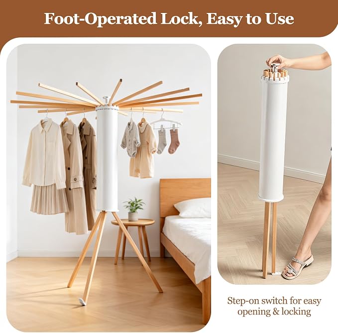 Clothes Drying Rack Wooden Tripod, Floor‑Mounted Garment Rack, Portable Foldable Space‑Saving Laundry Dryer with 16 Drying Poles, Ideal for Small Apartments, Balconies and Bedrooms