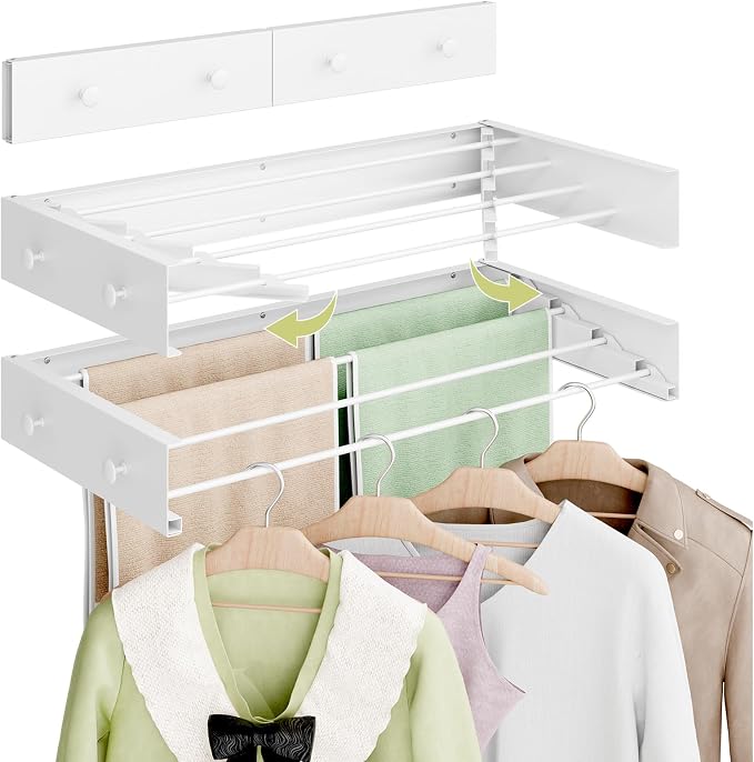 Foldable Wall-Mounted Clothes Drying Rack, 23.6 Inches, Holds up to 60 lbs | Waterproof & Moisture-Resistant, 4 Towel Hooks & 4 Drying Rods, Space-Saving for Bathrooms, Balconies, Hallways and Garages