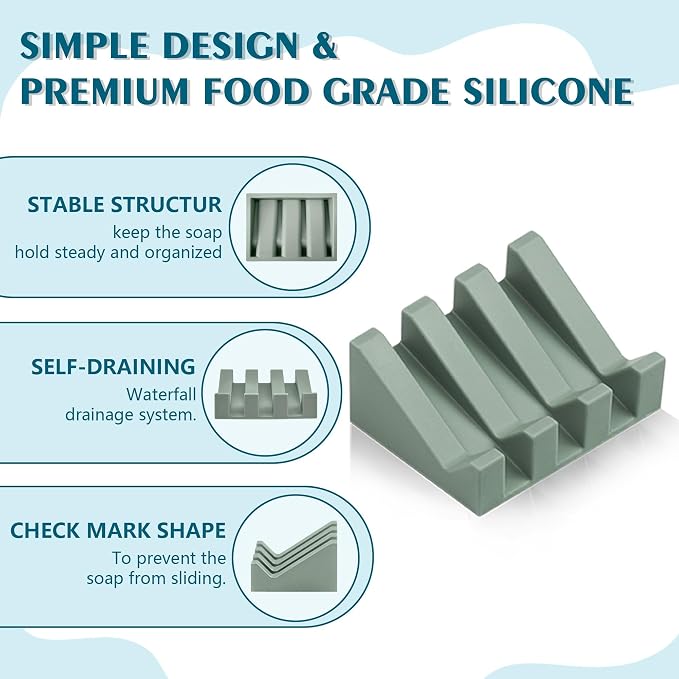 Self Draining Soap Dish Holder,Silicone Soap Dish,for Bathroom,Kitchen, Sponges，Can Extend Soap Life，Keep Soap Bars Dry and Easy Cleaning (N-Green,4-Pack)