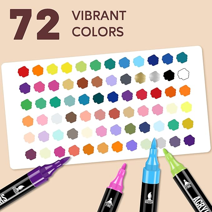 Pagather 72 Colors Acrylic Paint Markers, Dual Tip with Fine Tip and Brush Tip Pens for Stone, Wood, Calligraphy, Canvas, Ceramic, Metal, Glass, Rock Painting, DIY Crafts Art Supplies Kit