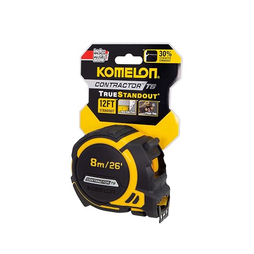 Komelon 26-Ft/8m Contractor TS Wide Blade Tape Measure with Backside Printing, Manual Lock, Long Standout (93425IM)