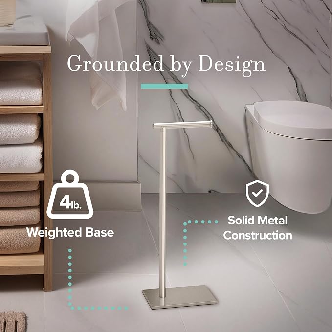Gatco 1431SN Bathroom Toilet Paper Holder Stand, Freestanding Tissue Roll Holder, Weighted Base, Satin Nickel, 22.25 Inch, Modern Rectangle Base
