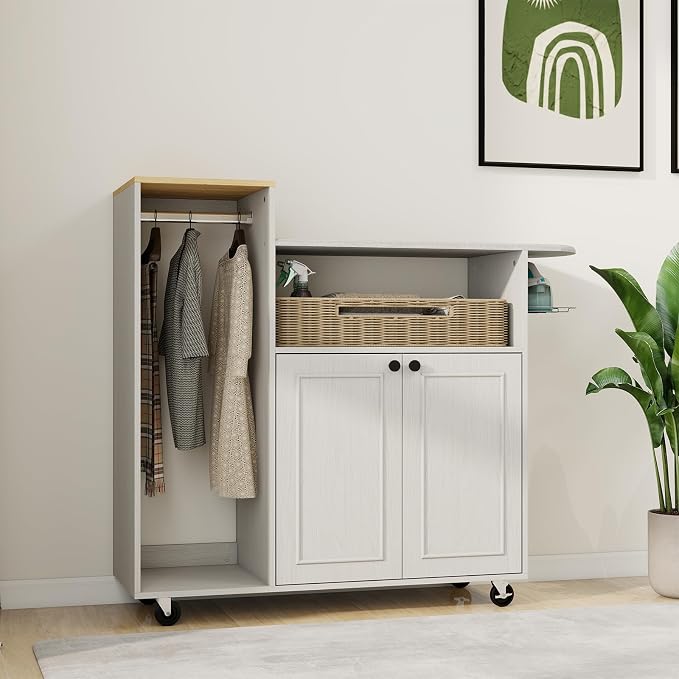 Multipurpose Rolling Ironing Board with Storage Cabinet, Wooden Ironing Cabinet with Wheels, Ironing Table with Heat-Resistant Sponge