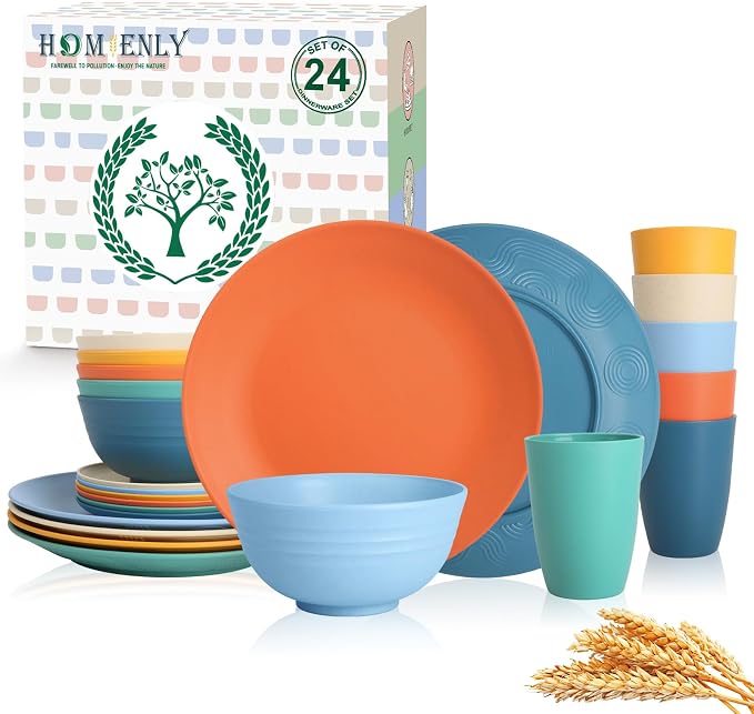 Homienly Unbreakable Wheat Straw Dinnerware Set - Plastic Plates and Bowls Sets Alternative, 24-Piece Dishes Set for Apartment, RV, Party, Microwave and Dishwasher Safe Plates, Bowls, Cups(Multi)