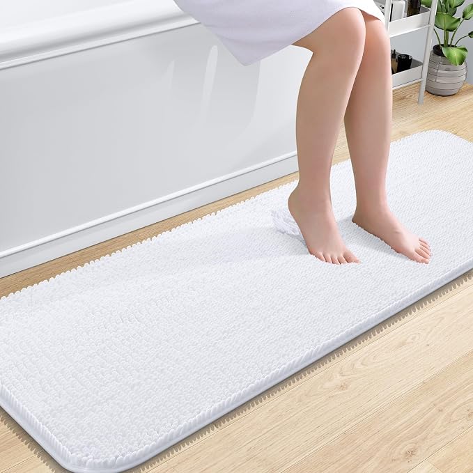 OLANLY Bathroom Runner Rugs 59x20, Extra Soft Absorbent Chenille Bath Rugs, Rubber Backing Quick Dry, Machine Washable Long Bath Mats for Bathroom Floor, Tub and Shower, Home Decor Accessories, White